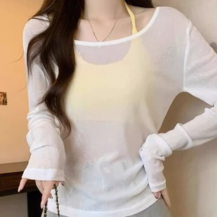 薄款 防晒罩衫 夏季 甜辣纯欲圆领薄款 白色冰丝上衣 女长袖 T恤中长款