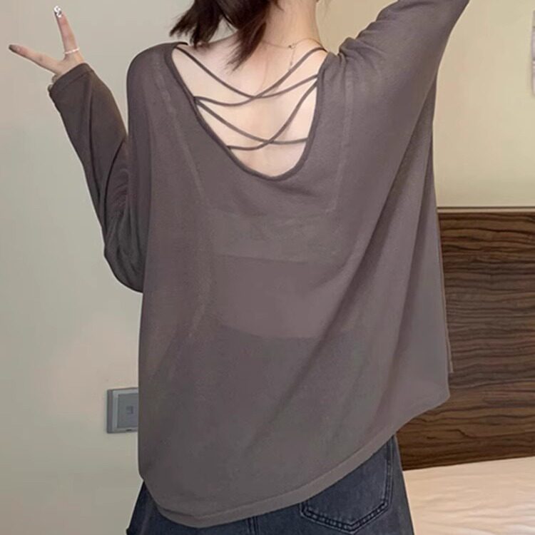 设计镂空露背长袖t恤夏季薄款冰丝防晒罩衫大码宽松空调外搭上衣,女装/女士精品,T恤,淘宝优惠券,粉丝福利购,淘宝优惠卷