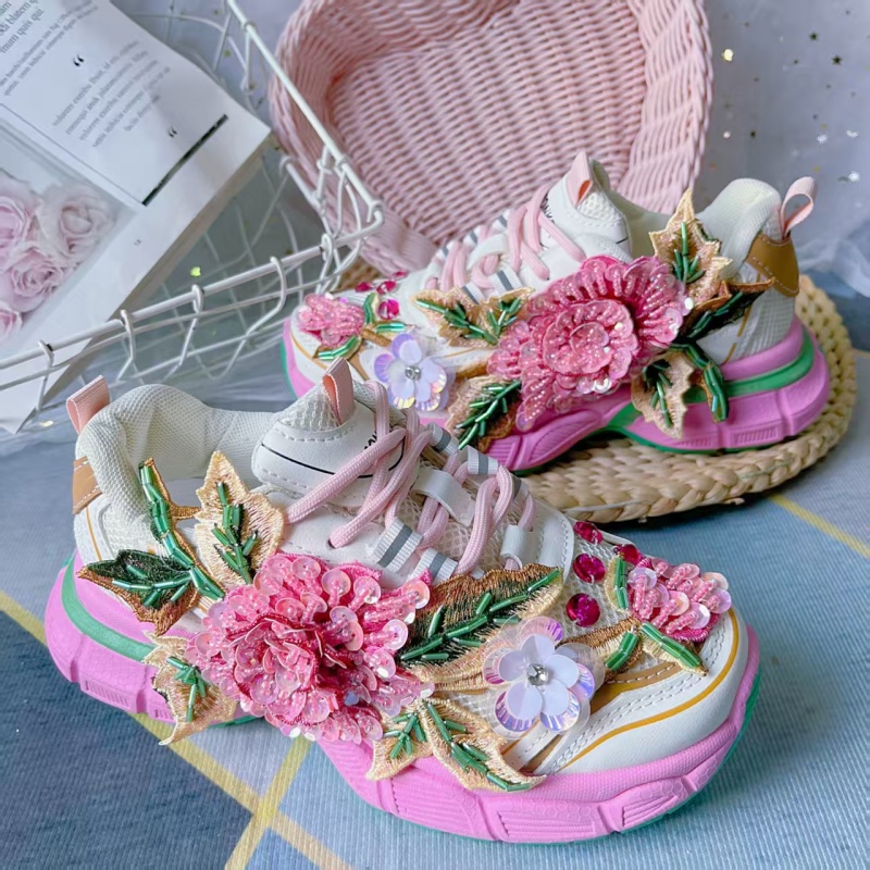 重工老爹运动鞋2025拼色粉亮片水晶串珠钉珠松糕老爹鞋休闲鞋女鞋