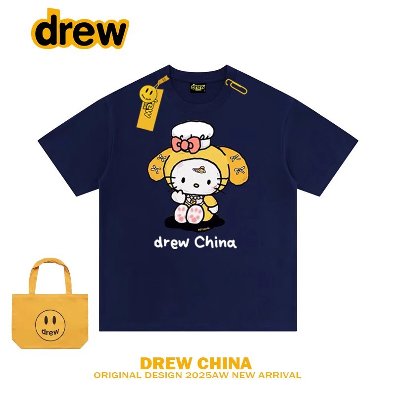 Drew笑脸HelloKitty联名可爱趣味夏季重磅纯棉圆领印花短袖T恤tee