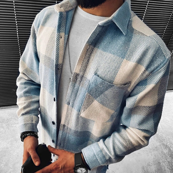 男长袖立领口袋休闲衬衫 Mens long sleeved stand collar shirt