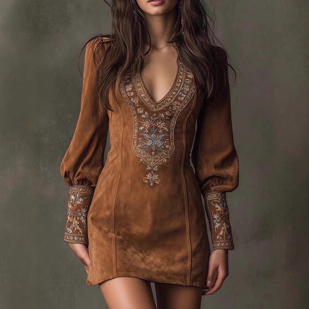 棕色高腰连衣裙女日常街拍 Brown High Waist Dress Women Casual