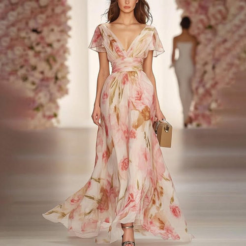 短袖V领长裙松紧腰度假气质印花长款连衣裙女 Dress Women Summer