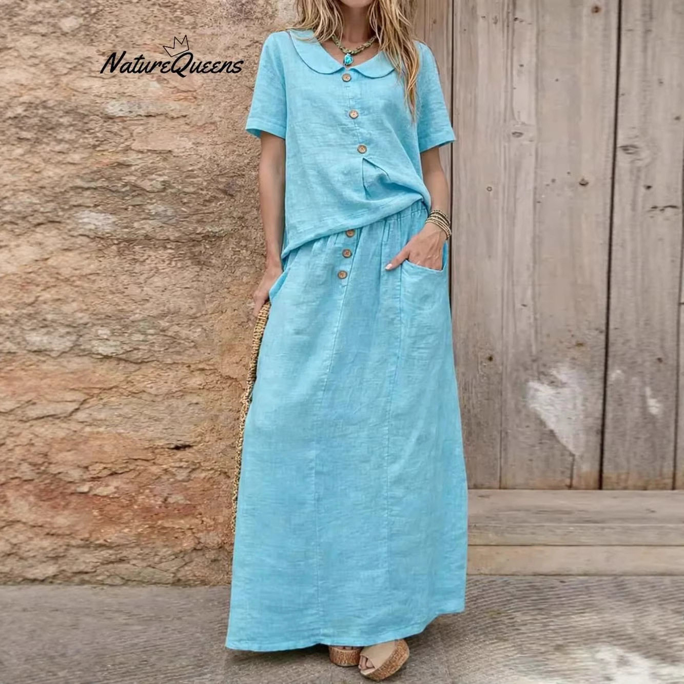 日常清爽女款短袖上衣长裙夏季宽松套装 Summer Linen Skirt Set