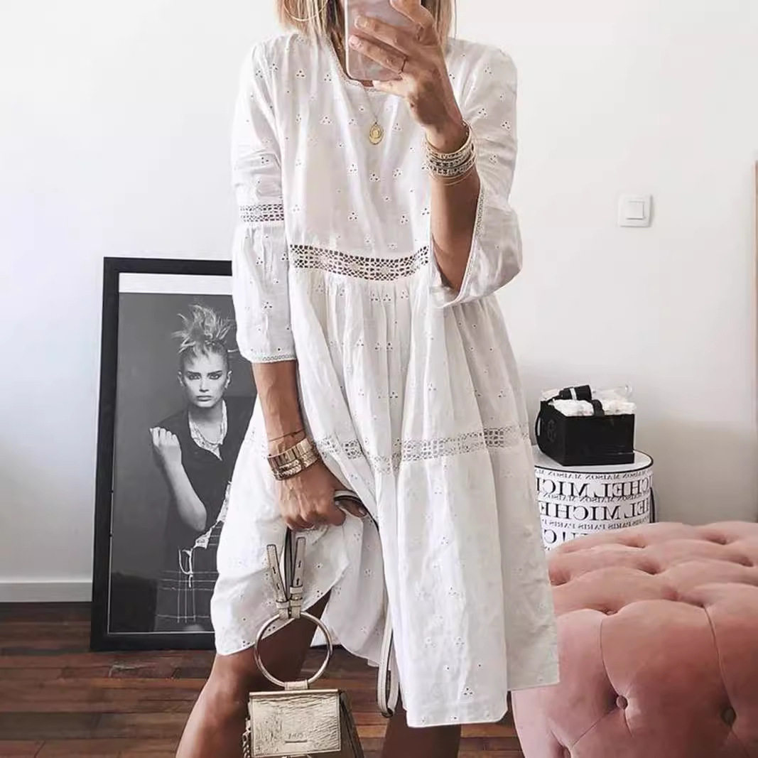 度假风高腰镂空荷叶边连衣裙女 Waist Hollow Ruffle Dress Women