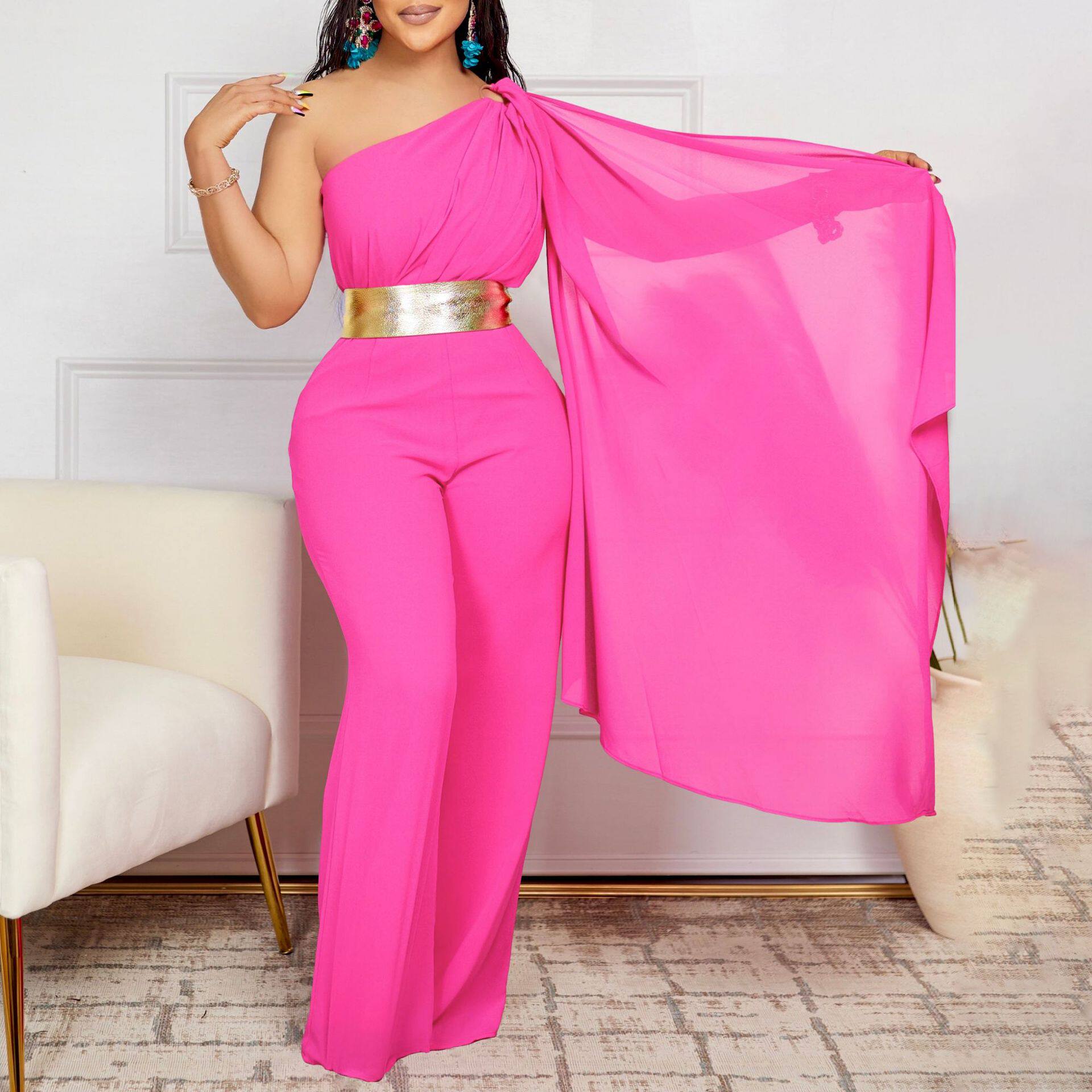 一字肩连体裤女宽腿显瘦Pink One Shoulder Jumpsuit Women Party
