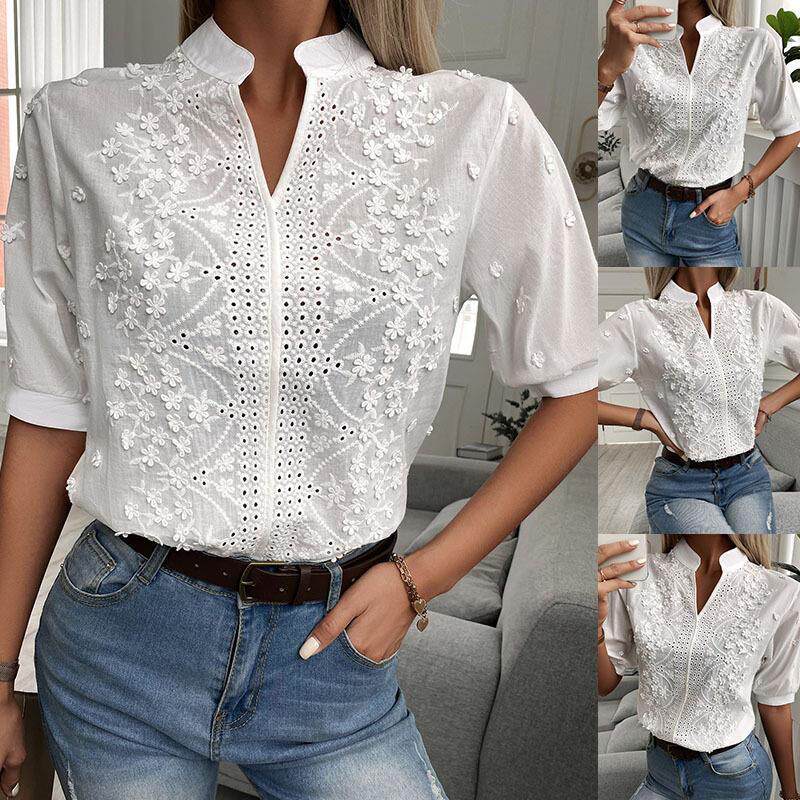 精美刺绣白色衬衫女短袖夏季通勤日常休闲约会上衣宽松Blouse Top