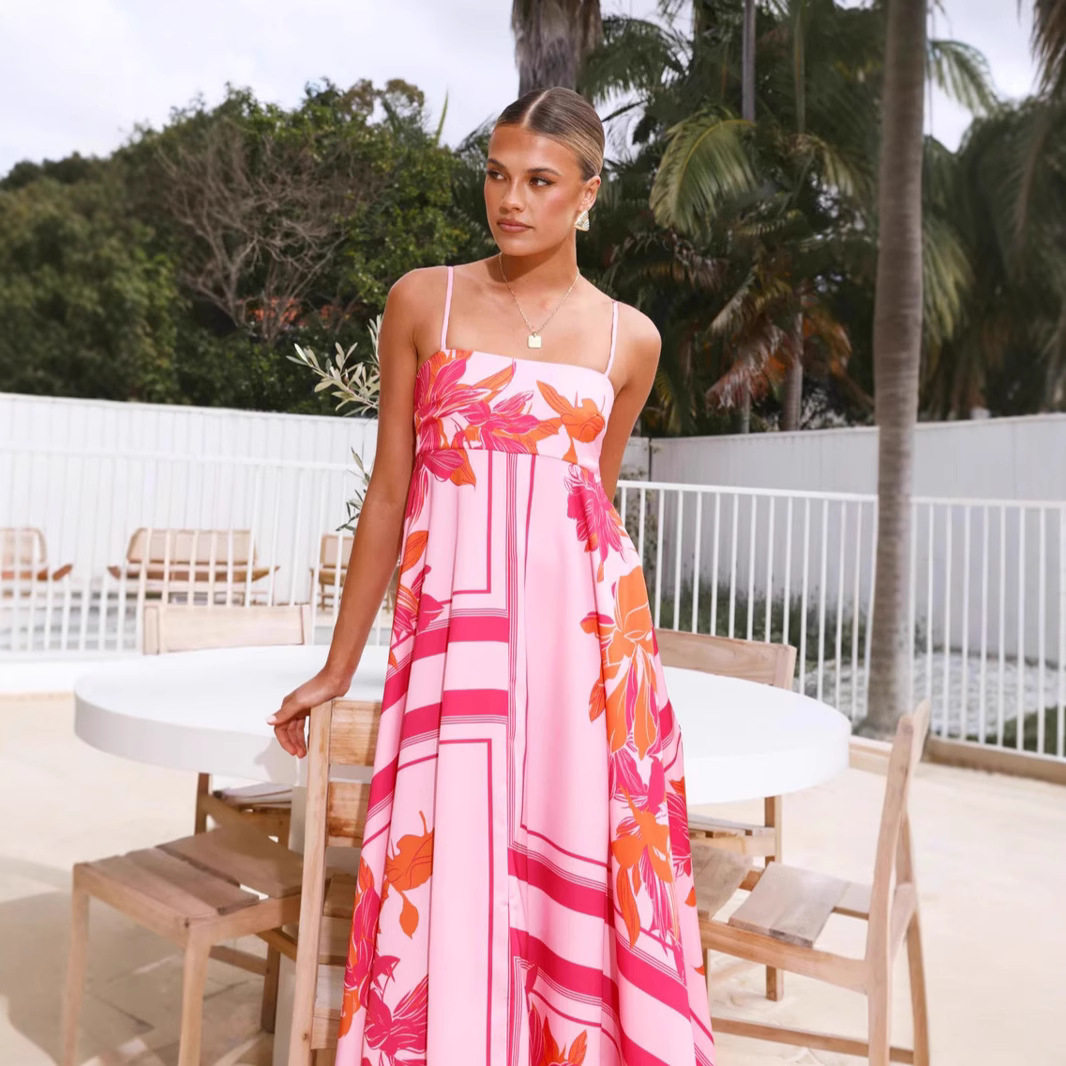 度假风粉色长裙女轻盈飘逸 Vacation Boho Pink Maxi Dress Women