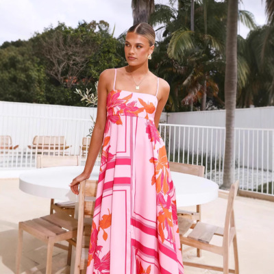 度假风粉色长裙女轻盈飘逸 Vacation Boho Pink Maxi Dress Women