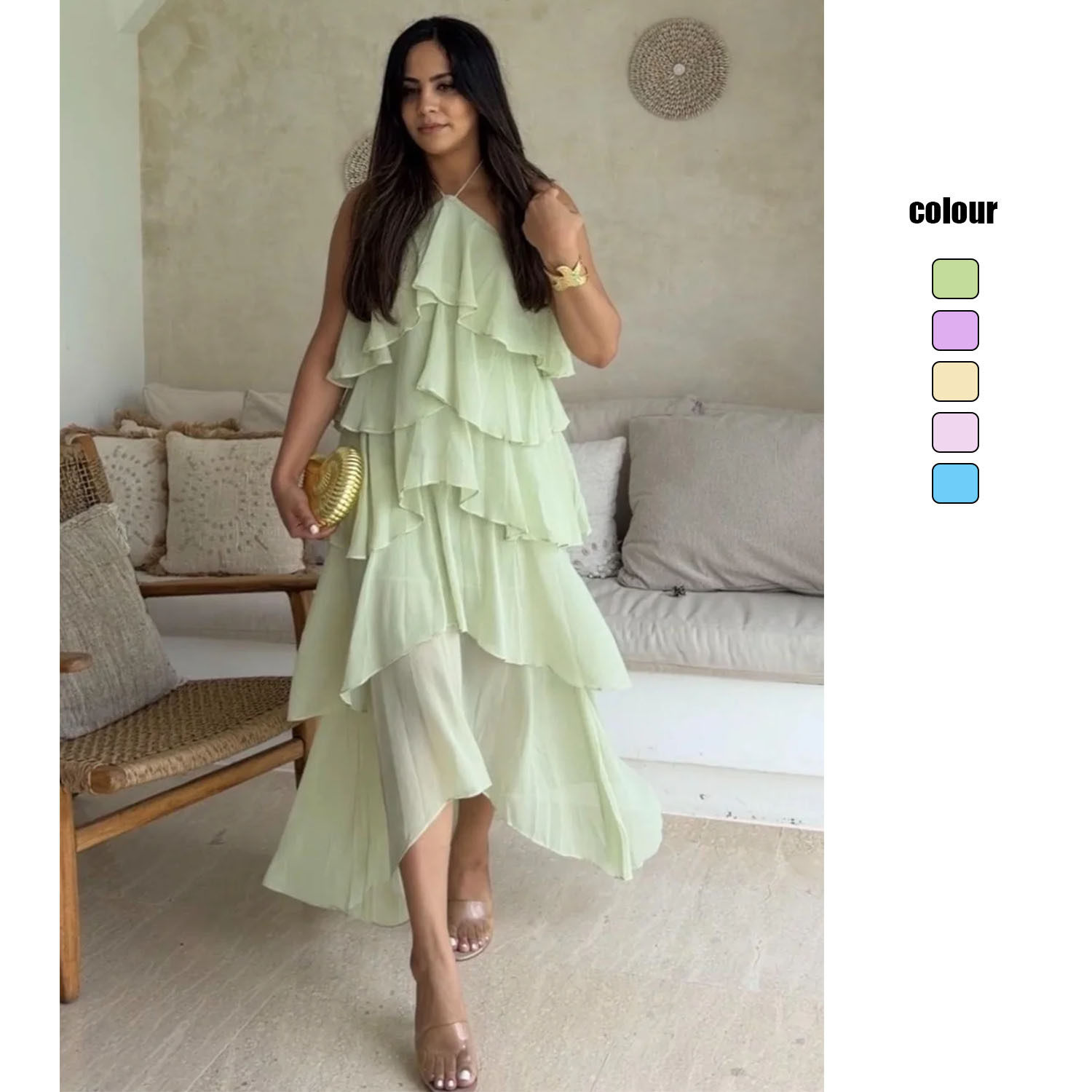 荷叶边优雅挂脖纯色蛋糕雪纺连衣裙女 trendy mint layered dress