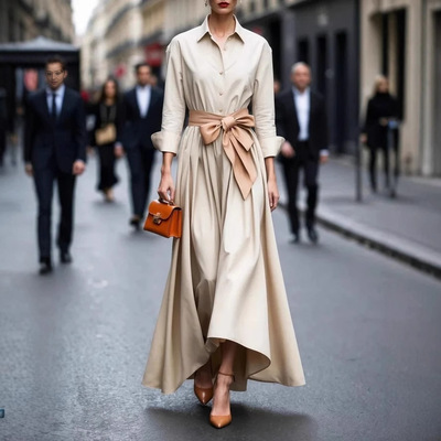 职场约会连衣裙女米色收腰 Shirt Dress Women Beige Work Office