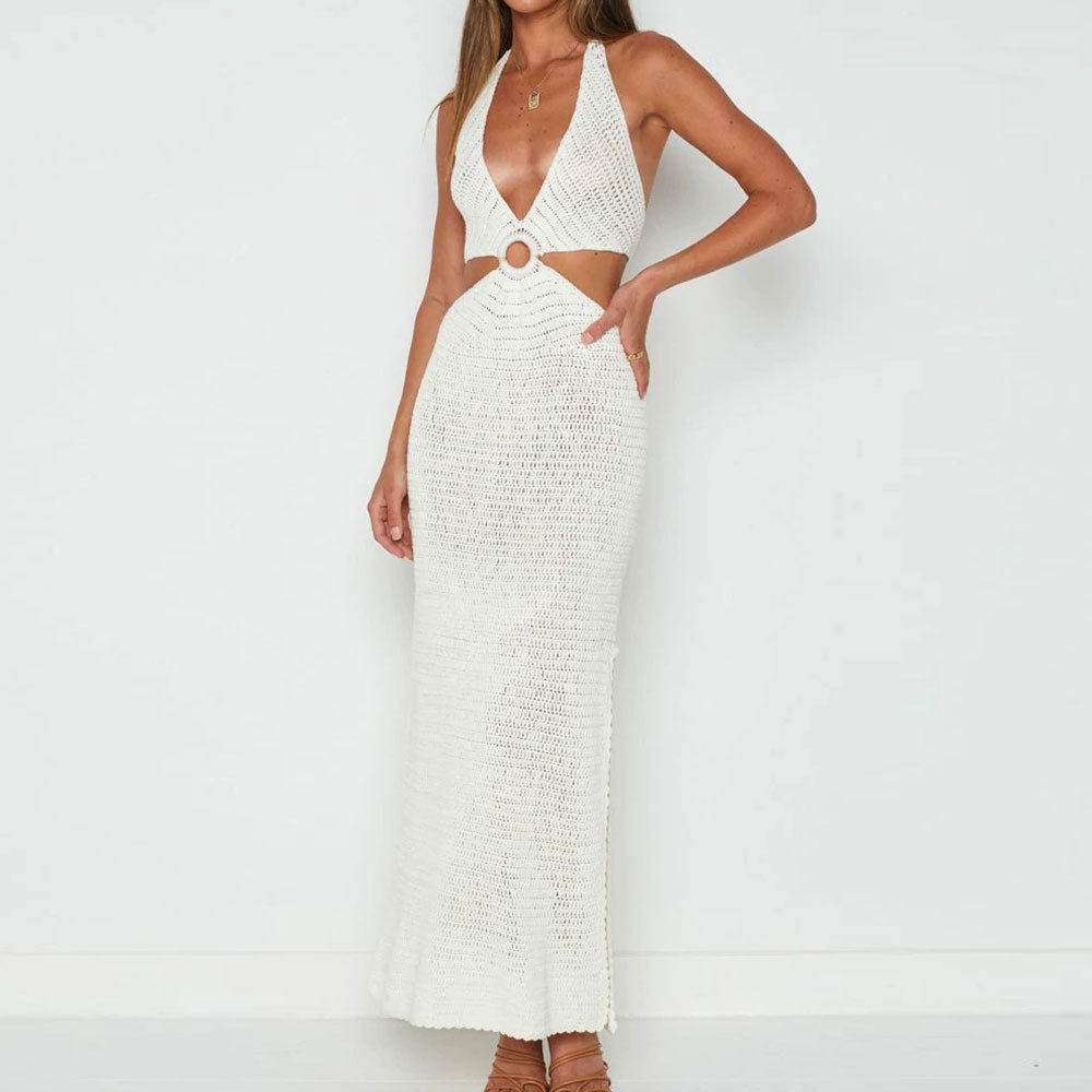 度假风挂脖露腰针织长连衣裙 resort halter knit maxi dress new