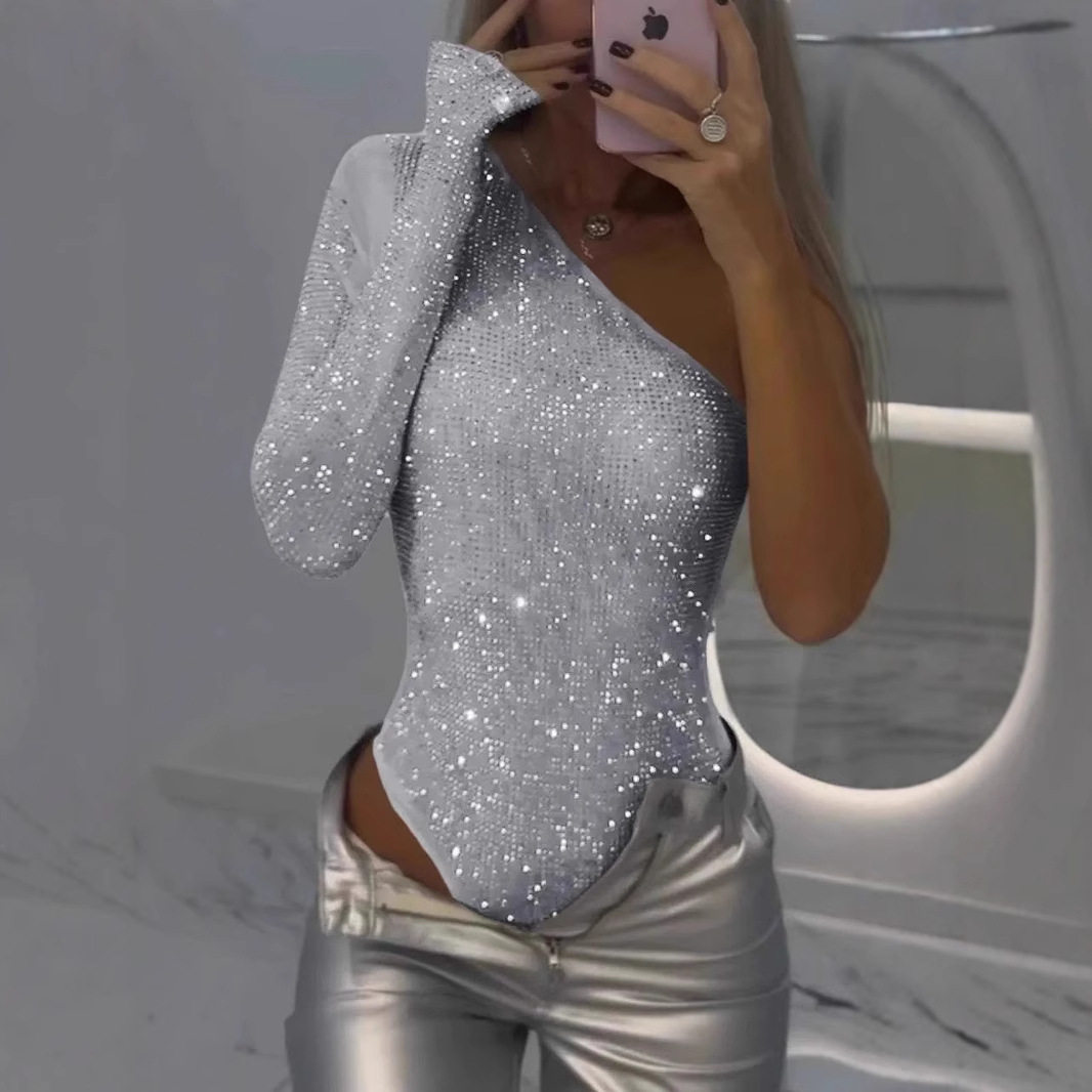 约会夜店女款银色亮片单肩修身上衣长袖闪耀穿搭 Elegant Sequin