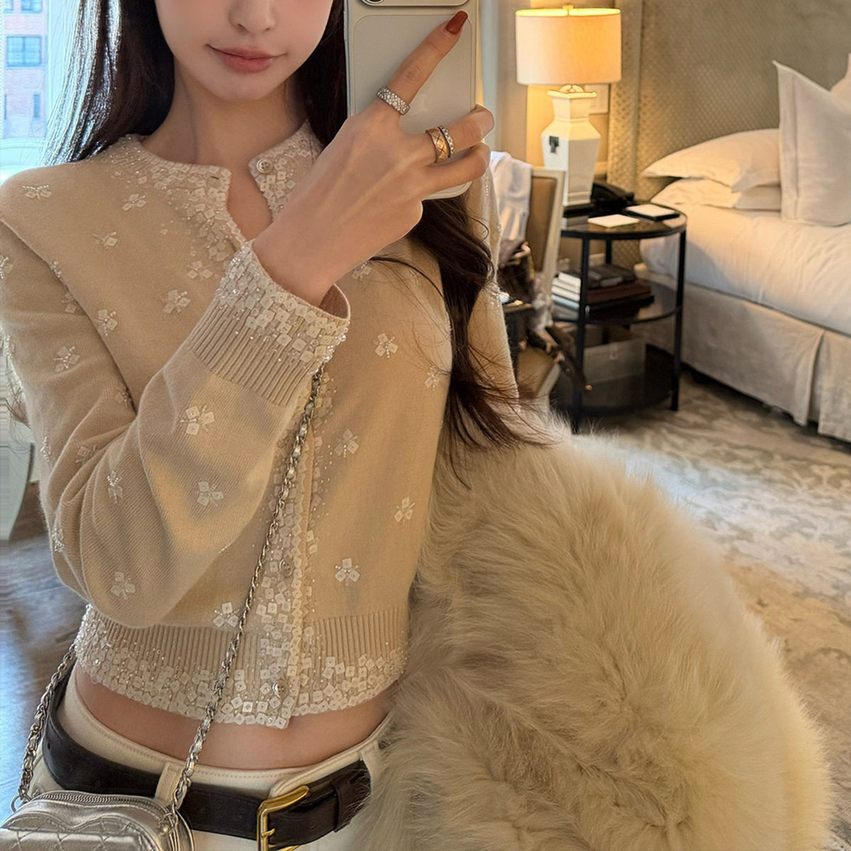 法式复古短款毛衣开衫裤套装女