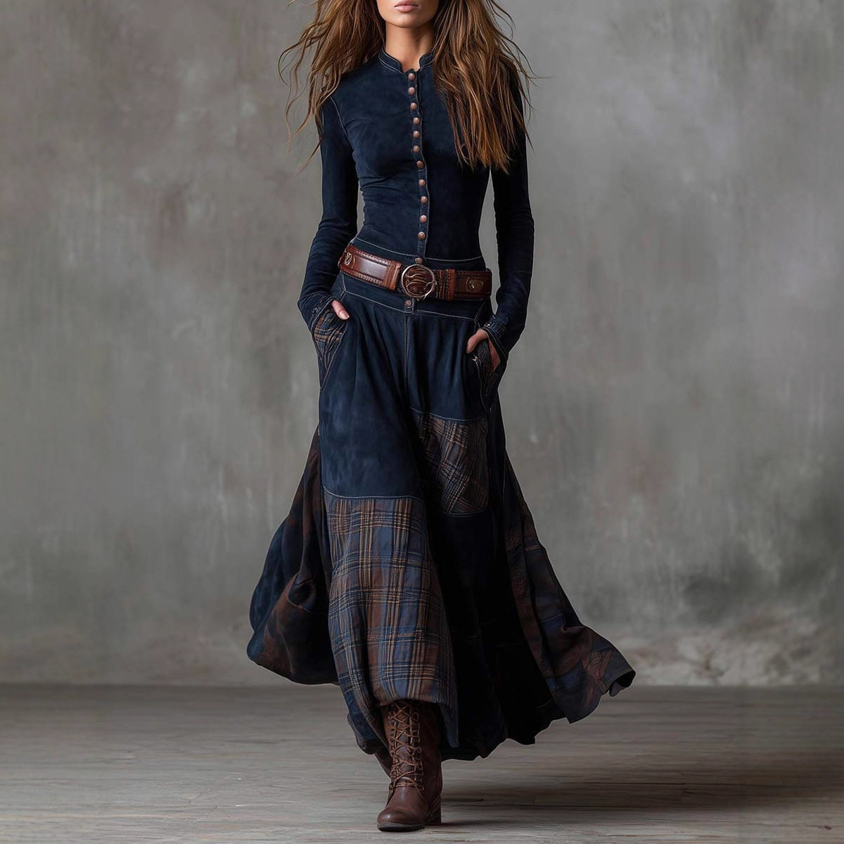 复古女款深蓝色长袖连衣裙拼接格纹文艺轻聚会Dress Trendy Women