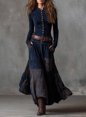 复古女款深蓝色长袖连衣裙拼接格纹文艺轻聚会Dress Trendy Women