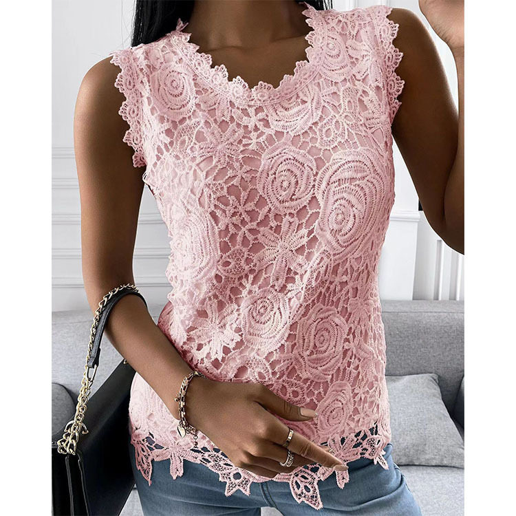 春夏新款女式无袖蕾丝上衣精致显瘦休闲度假修身套头 Blouse Top