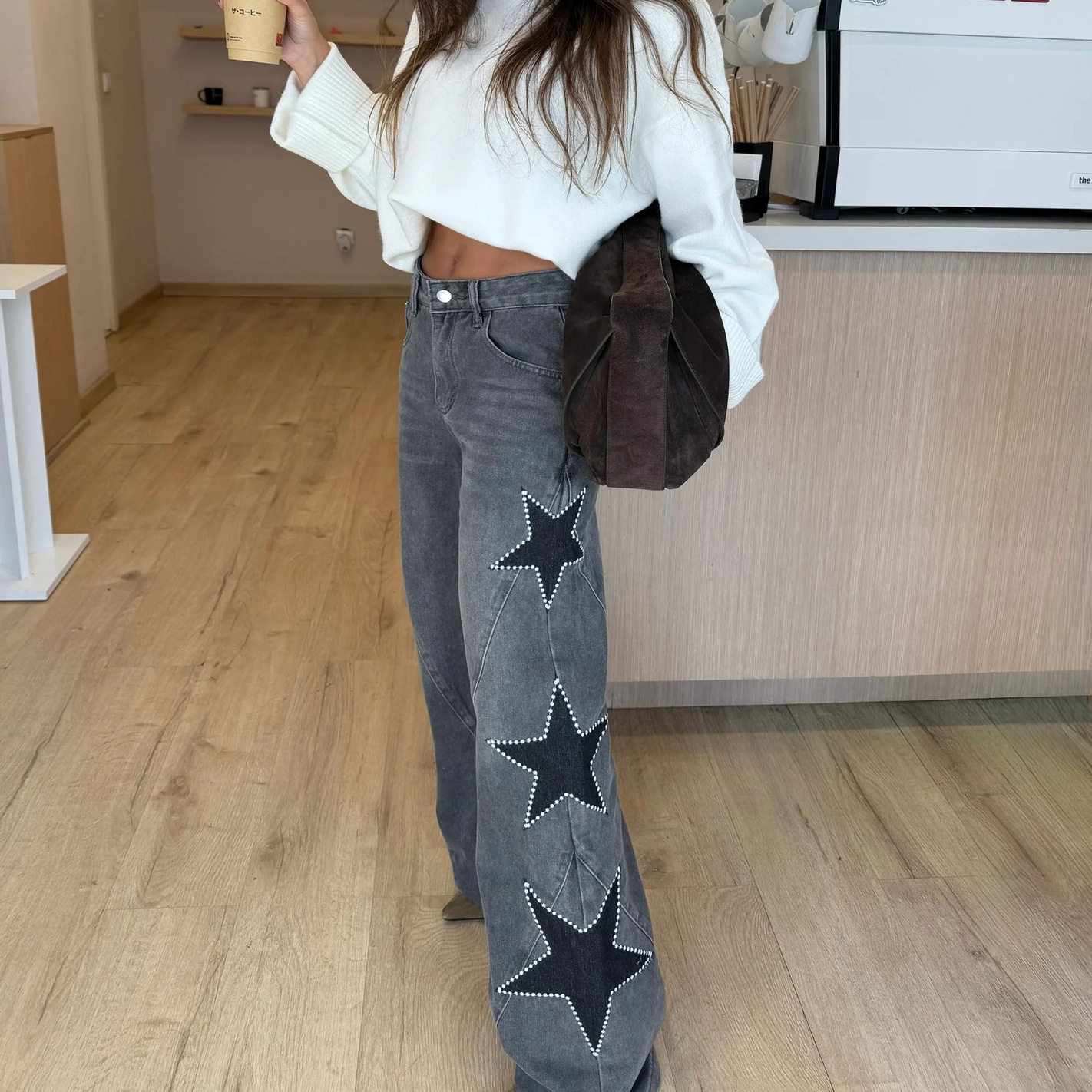 甜酷风灰调高腰阔腿牛仔裤女百搭显瘦休闲star print denim pants