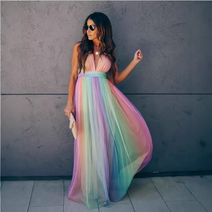度假风纱裙连衣裙女 Resort High Waist Color Tulle Dress Women