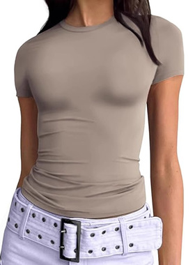 简约百搭圆领修身短袖T恤女纯色亮蓝色 simple blue slim shirt
