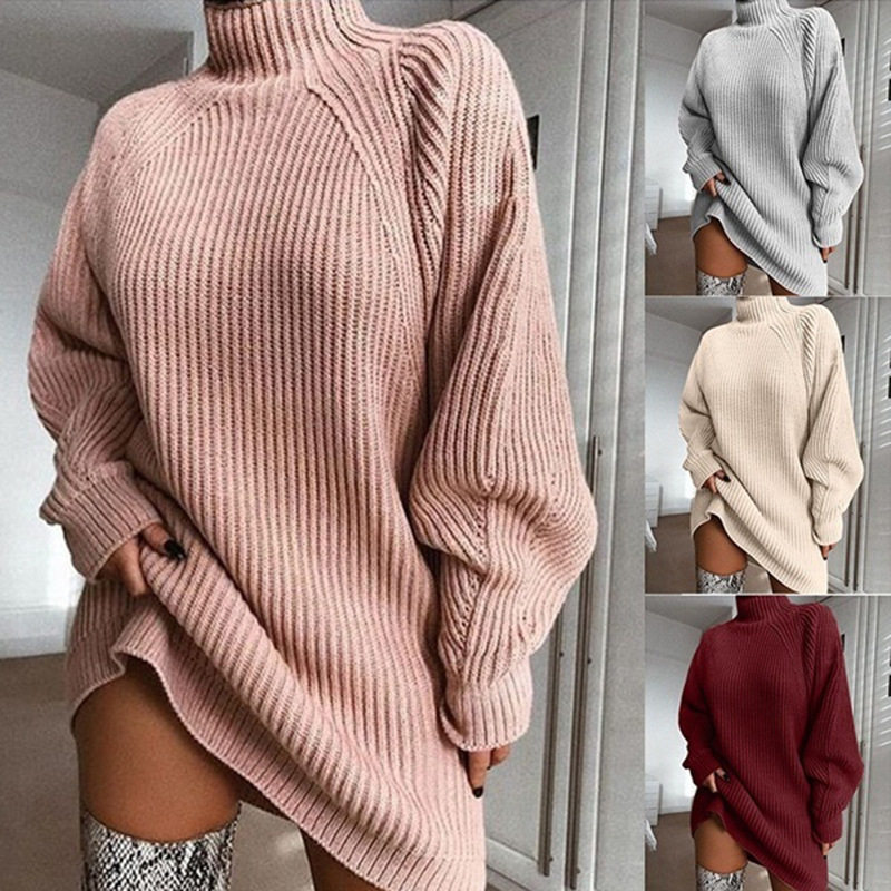 毛衣裙女高领长袖针织宽松oversized sweater dress winter women