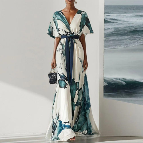 V领短袖长裙绿色印花收腰连衣裙女 Summer Green  Dress Women