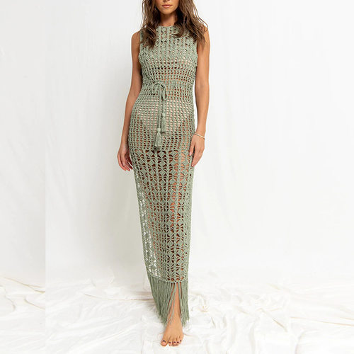 度假风镂空针织背心开衩裙resort knit side slit maxi dress new