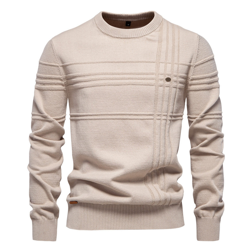 杏色男套头衫毛衣圆领 Beige Mens Crew Neck Pullover Sweater