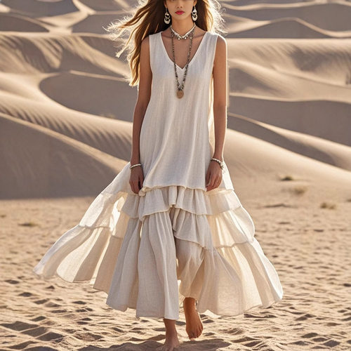 约会中长款连衣裙女米白色荷叶边 Date Midi Dress Women White