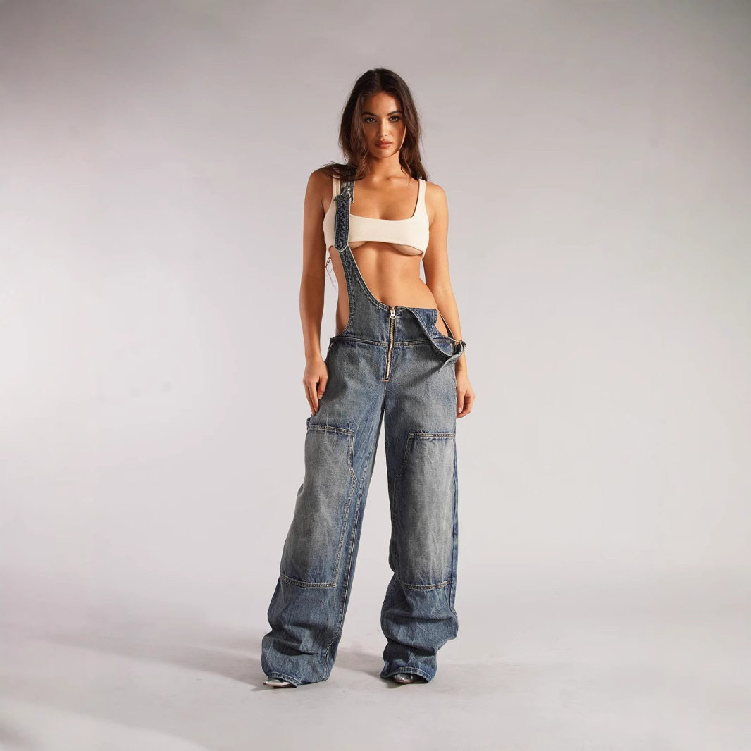 牛仔背带裤女拉链阔腿长裤 Womens Denim Zip Wide Long Overalls