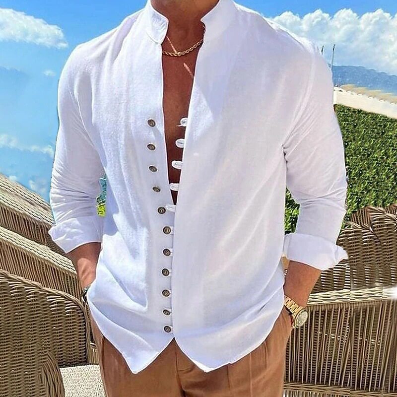 清爽透气衬衫 立领门襟排扣宽松显瘦夏日休闲百搭男士上衣 Shirt