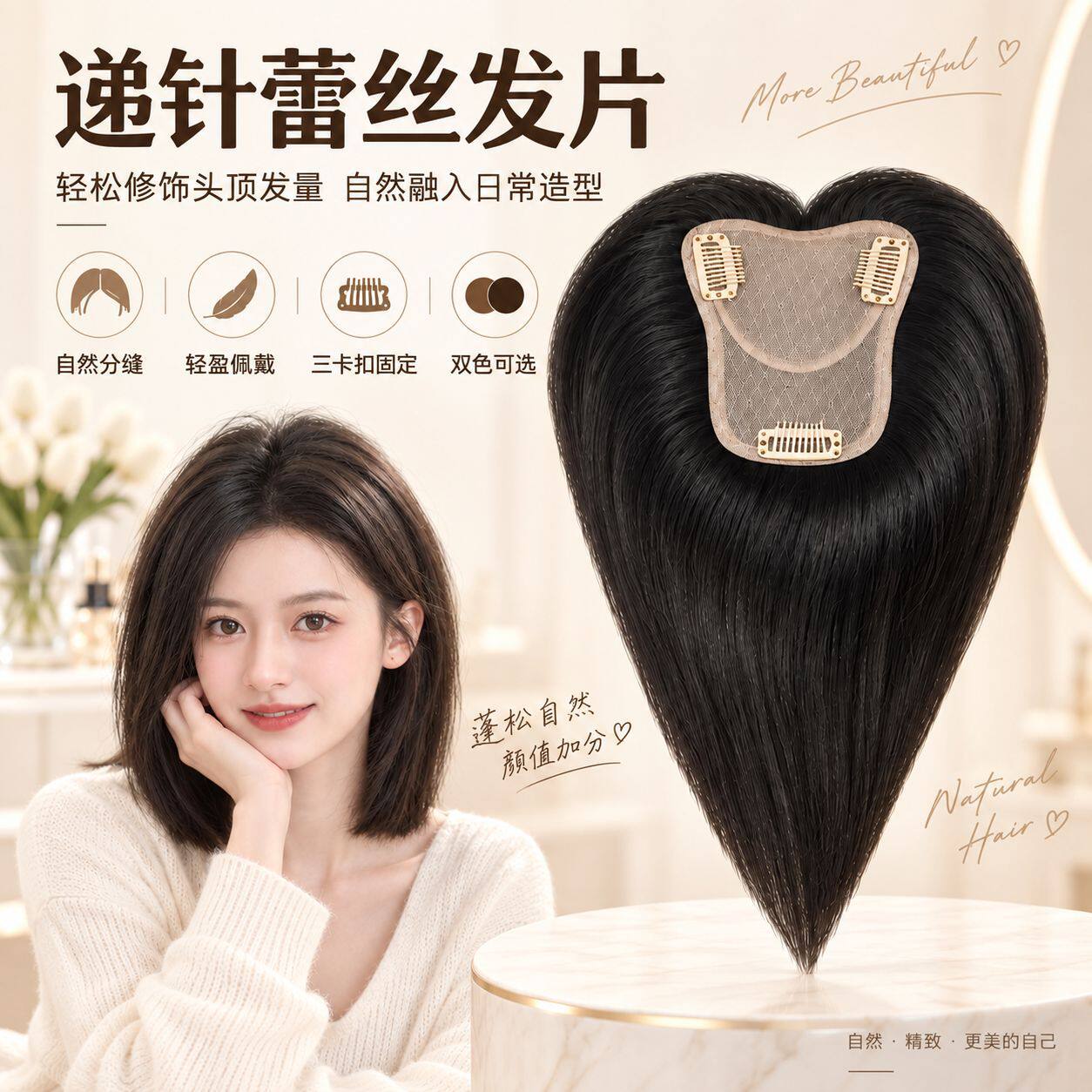 头顶补发片女遮白发逼真头皮随意