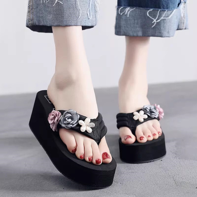 超厚底甜美可爱花朵女坡跟增高夹趾拖女鞋日系人字拖时尚外穿凉拖