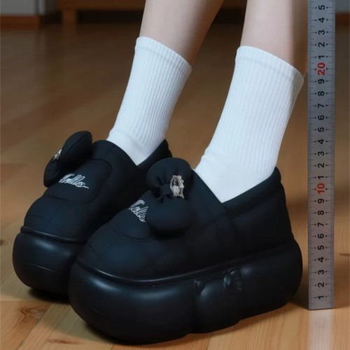 网红松糕厚底棉鞋女秋冬防水加绒蝴蝶结显瘦小个子增高保暖棉靴冬
