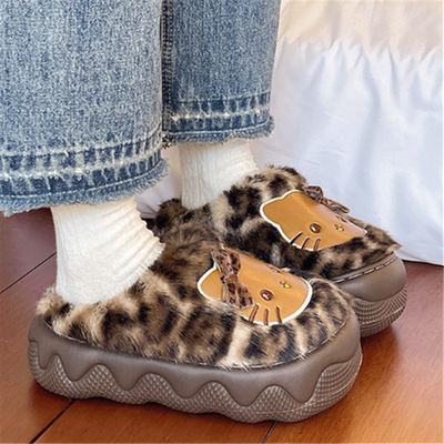 豹纹毛毛鞋包头女厚底防滑居家外穿保暖棉拖鞋可爱KT猫半包跟外穿