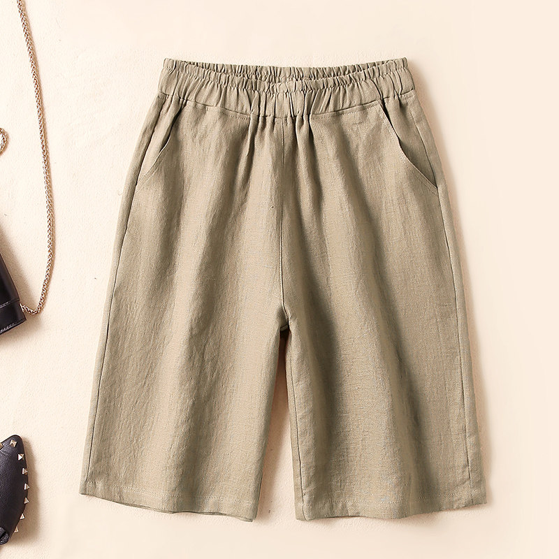 亚麻五分裤女夏宽松港味短裤高腰显瘦大码直筒棉麻显瘦休闲中裤子