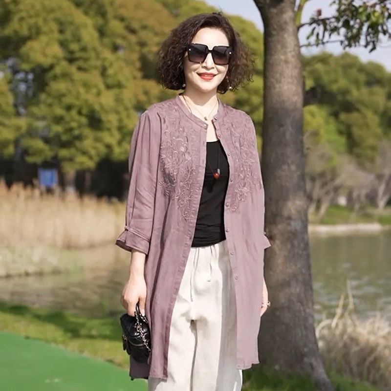 复古刺绣棉麻开衫衬衫女中长款2024秋季气质防晒衣空调衫休闲外套