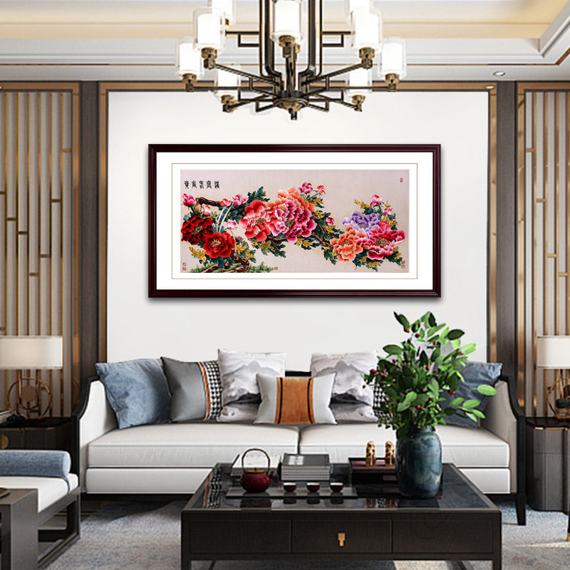 金吴针纯手工苏绣成品挂画苏州刺绣画玄关客厅中式装饰画富贵牡丹