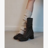 复古蝴蝶结芭蕾风弹力高跟瘦瘦靴女圆头绒面粗跟侧拉链加绒小短靴