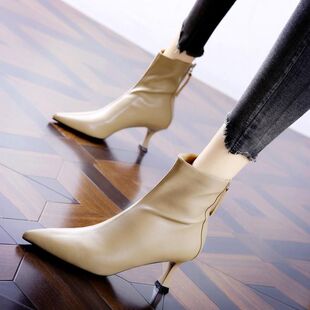 白色短靴女高跟2025年秋冬新款百搭法式细跟弹力靴真皮尖头瘦瘦靴