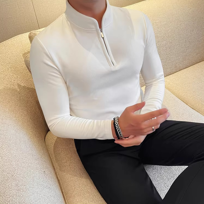 帅气新中式半拉链立领长袖T恤冬季男士修身百搭纯色打底衫上衣服