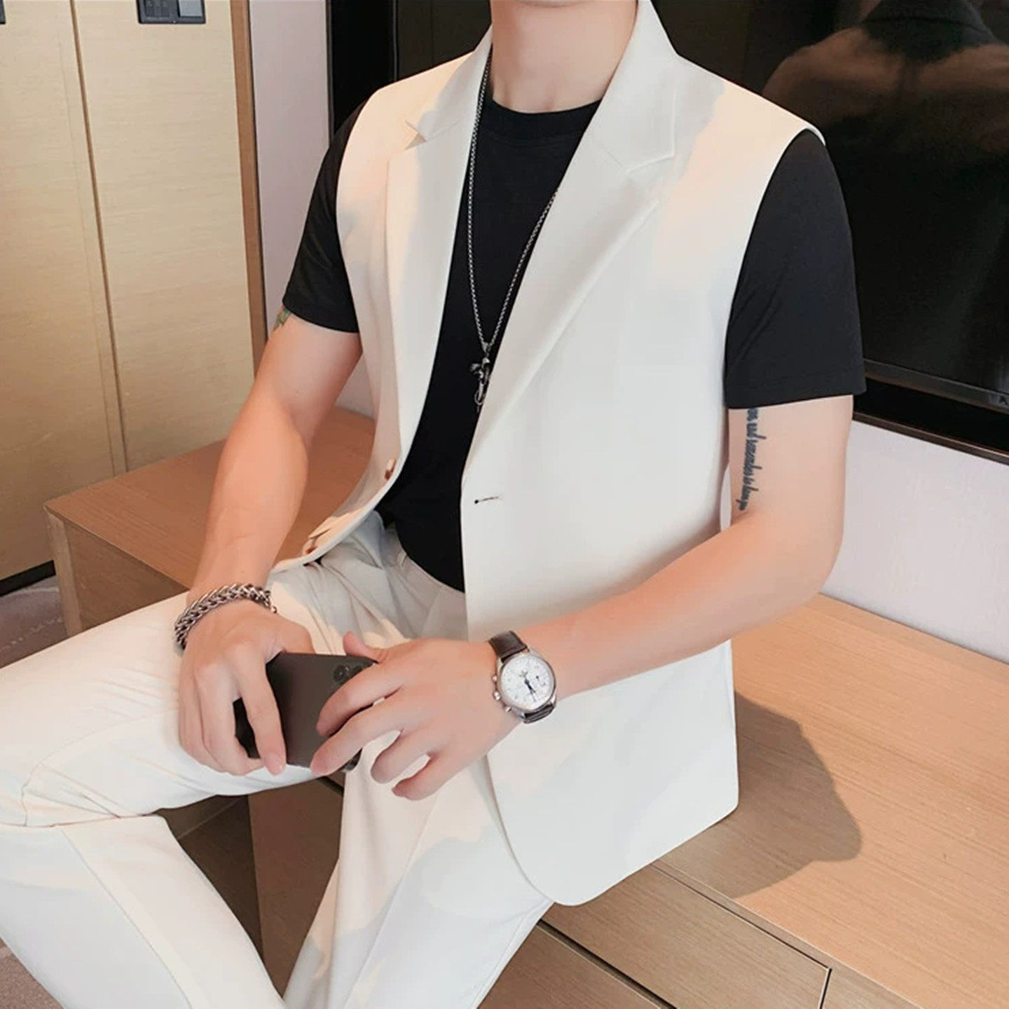 男潮流无袖西装韩版西服套装
