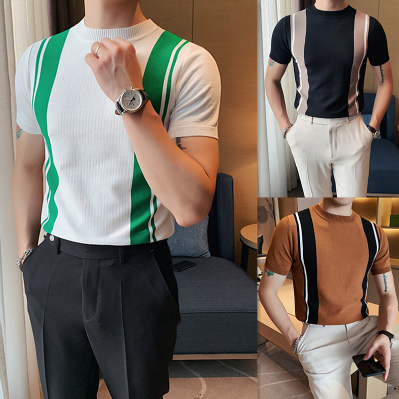 夏季条纹短袖t恤韩版修身男士拼色圆领弹力针织衫青年潮流休闲上