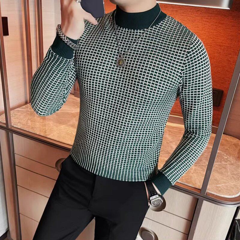 秋冬潮流小格子针织衫男士修身百搭半高领弹力毛衣时尚中领打底衫