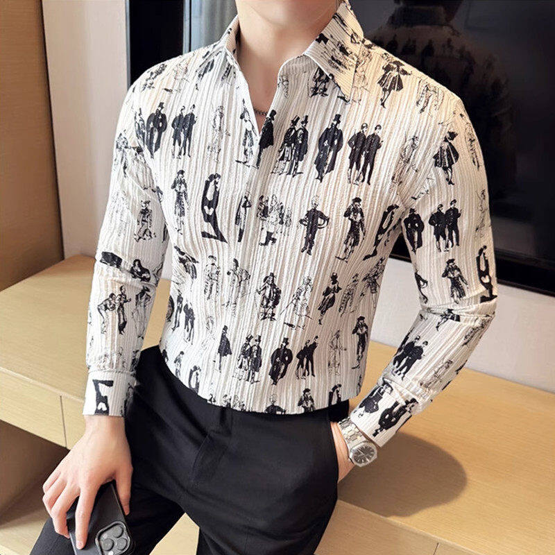 2025新款莱赛尔天丝面料长袖衬衫韩版男士薄款立体印花条纹衬衫