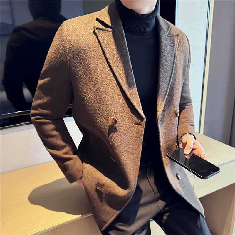 秋冬款加厚夹棉西装领毛呢外套韩版潮流双排扣呢子风衣外套小西装