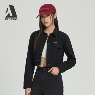 ABLE JEANS 秋款女士黑色显瘦工装短款夹克复古西部牛仔外套