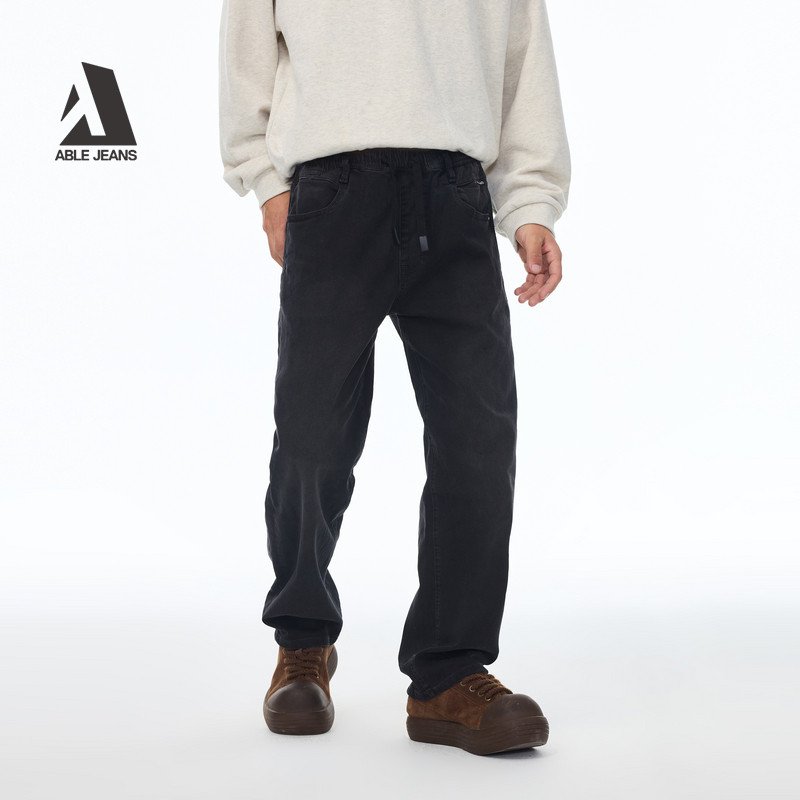 ABLE JEANS【宽松直筒运动裤】男士秋冬款黑色松紧腰休闲牛仔长裤