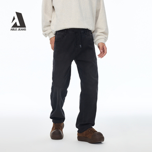 ABLE JEANS【宽松直筒运动裤】男士秋冬款黑色松紧腰休闲牛仔长裤