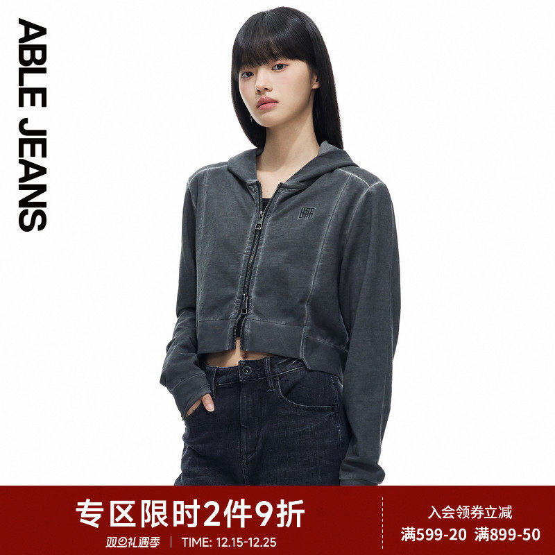 ABLE JEANS春秋新款女士新中式解构水洗连帽拉链短款卫衣宽